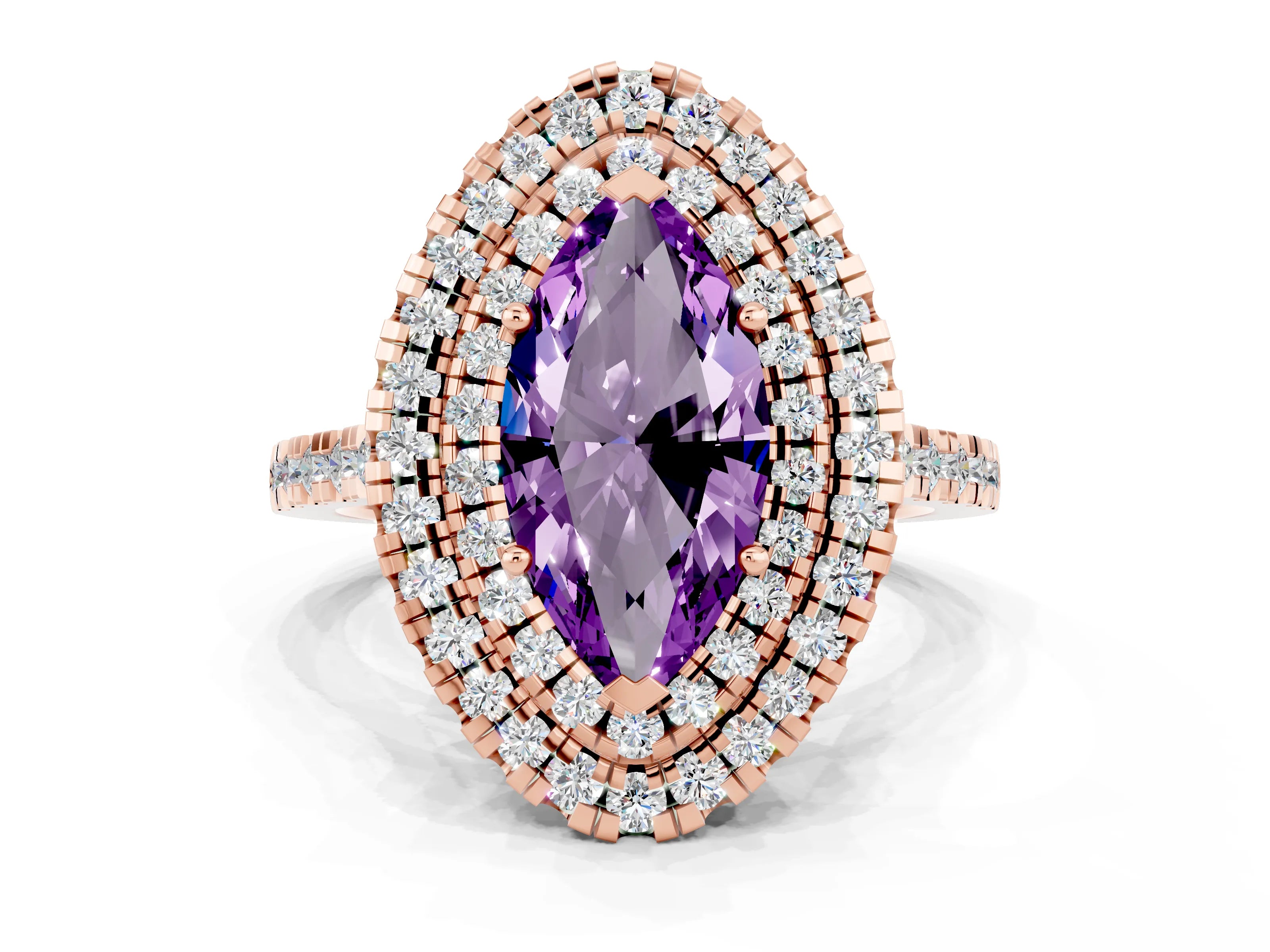 Rose gold Double Halo Marquise Cut Amethyst Pavé Band with Four-Prong Setting