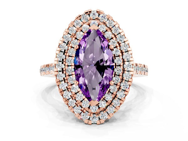 Rose gold Double Halo Marquise Cut Amethyst Pavé Band with Four-Prong Setting