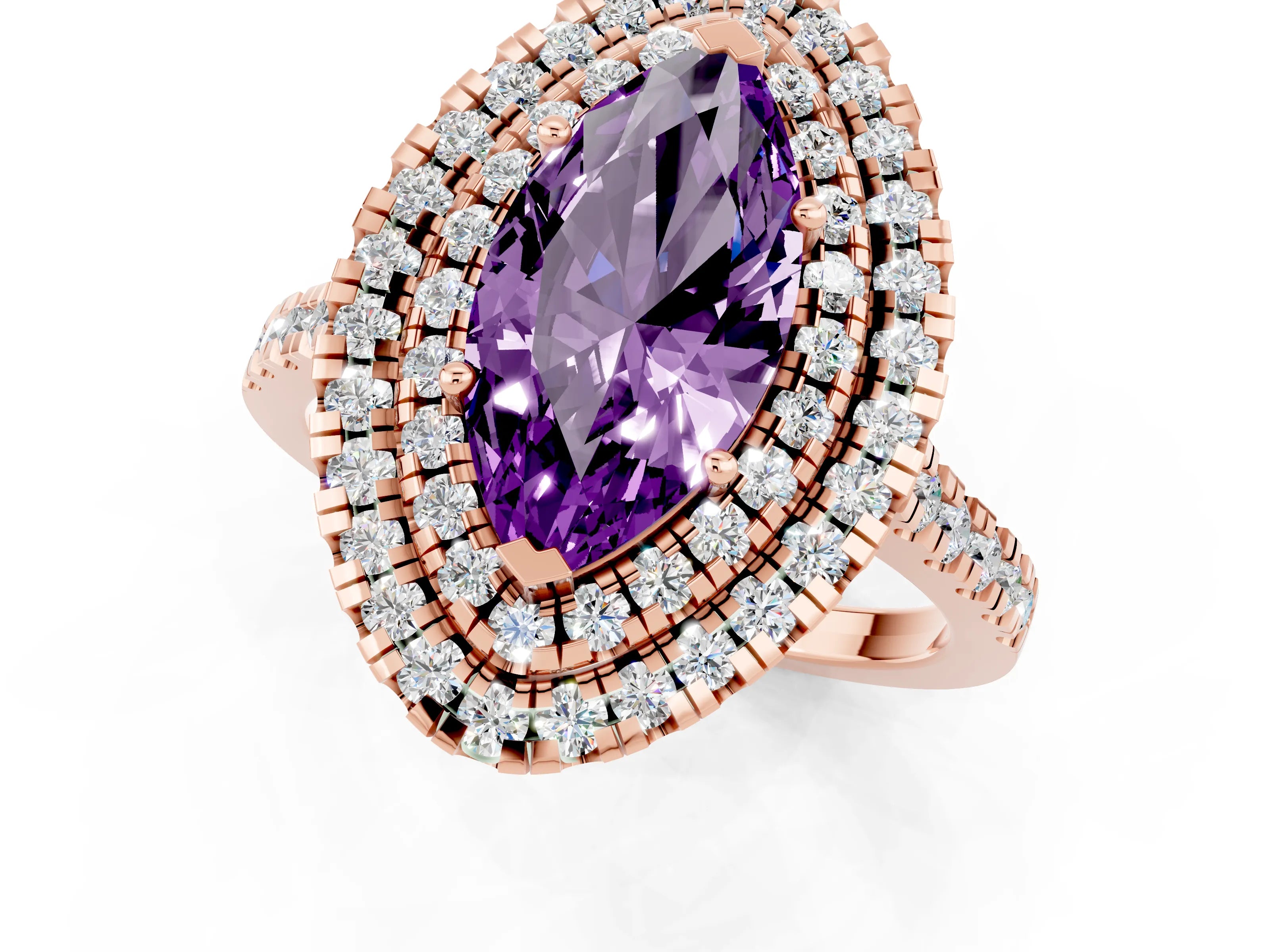 Rose gold Double Halo Marquise Cut Amethyst Pavé Band with Four-Prong Setting_1