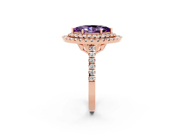 Rose gold Double Halo Marquise Cut Amethyst Pavé Band with Four-Prong Setting