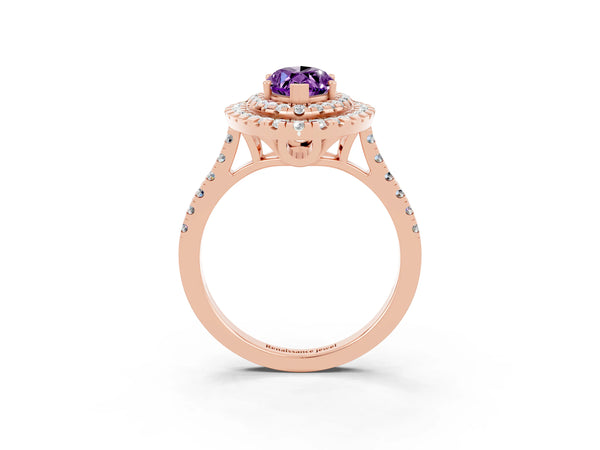 Rose gold Double Halo Marquise Cut Amethyst Pavé Band with Four-Prong Setting