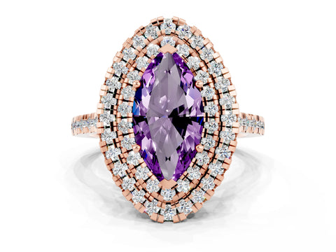 Rose gold Double Halo Marquise Cut Amethyst Pavé Band with Four-Prong Setting