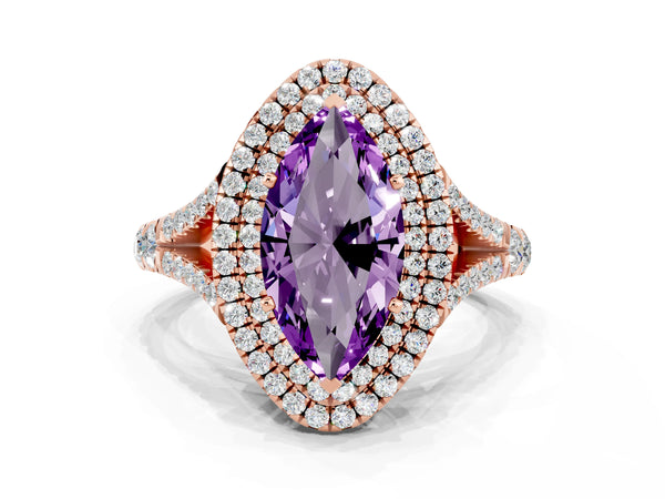 Rose gold Double Halo Marquise Cut Amethyst Pavé Split Shank Ring with Prong Setting