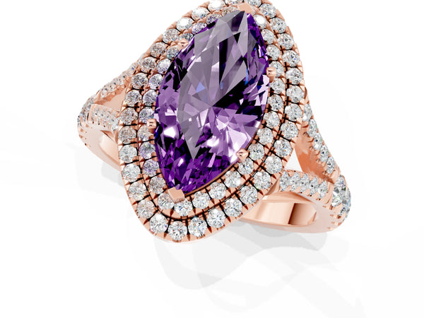 Rose gold Double Halo Marquise Cut Amethyst Pavé Split Shank Ring with Prong Setting