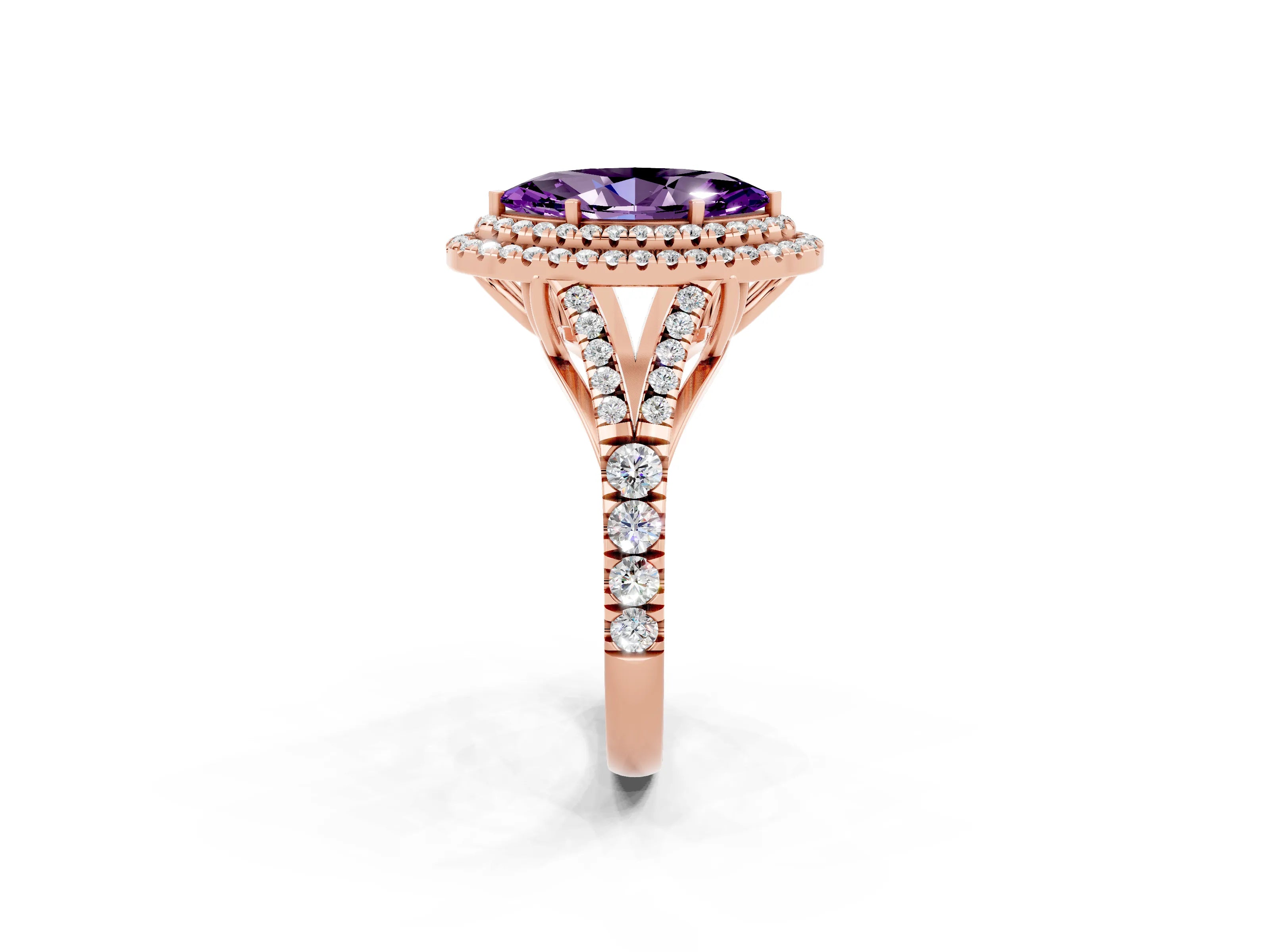 Rose gold Double Halo Marquise Cut Amethyst Pavé Split Shank Ring with Prong Setting_2