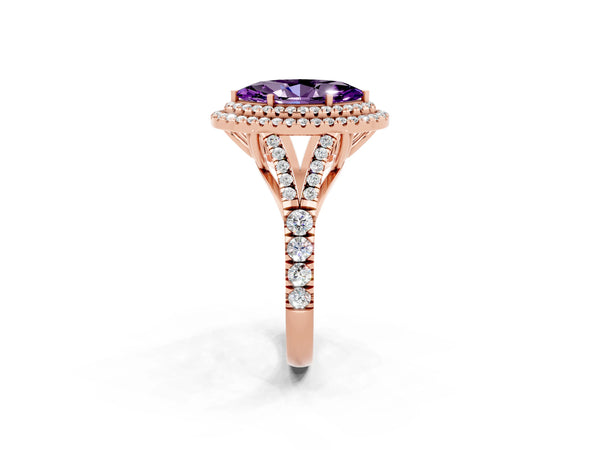 Rose gold Double Halo Marquise Cut Amethyst Pavé Split Shank Ring with Prong Setting