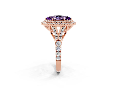 Rose gold Double Halo Marquise Cut Amethyst Pavé Split Shank Ring with Prong Setting_2