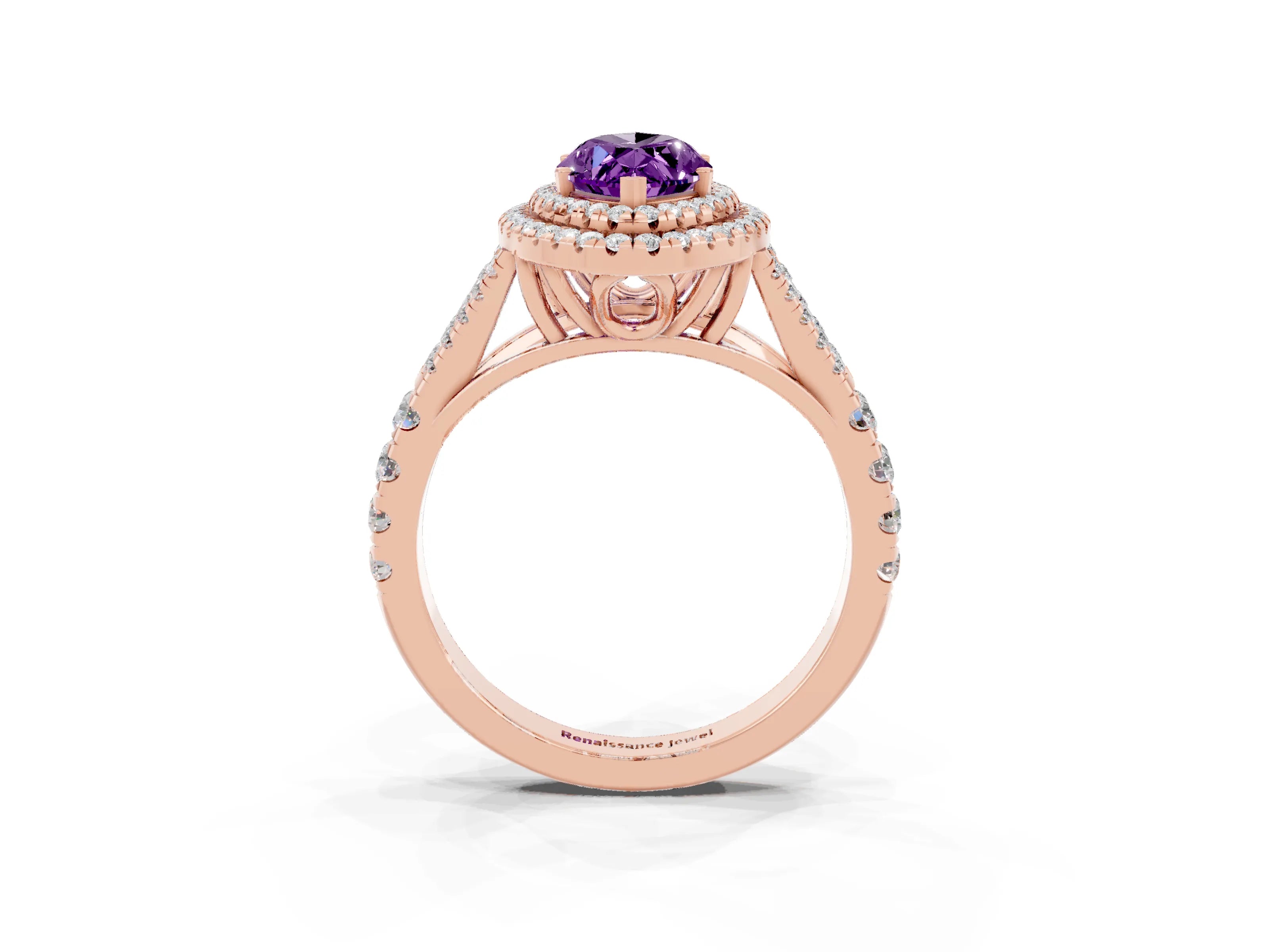 Rose gold Double Halo Marquise Cut Amethyst Pavé Split Shank Ring with Prong Setting_3