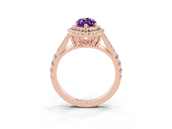 Rose gold Double Halo Marquise Cut Amethyst Pavé Split Shank Ring with Prong Setting