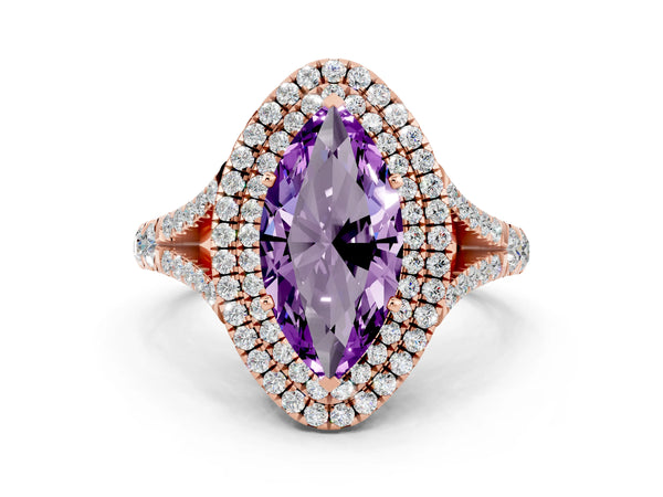 Rose gold Double Halo Marquise Cut Amethyst Split Shank Engagement Ring with Four-Prong Setting