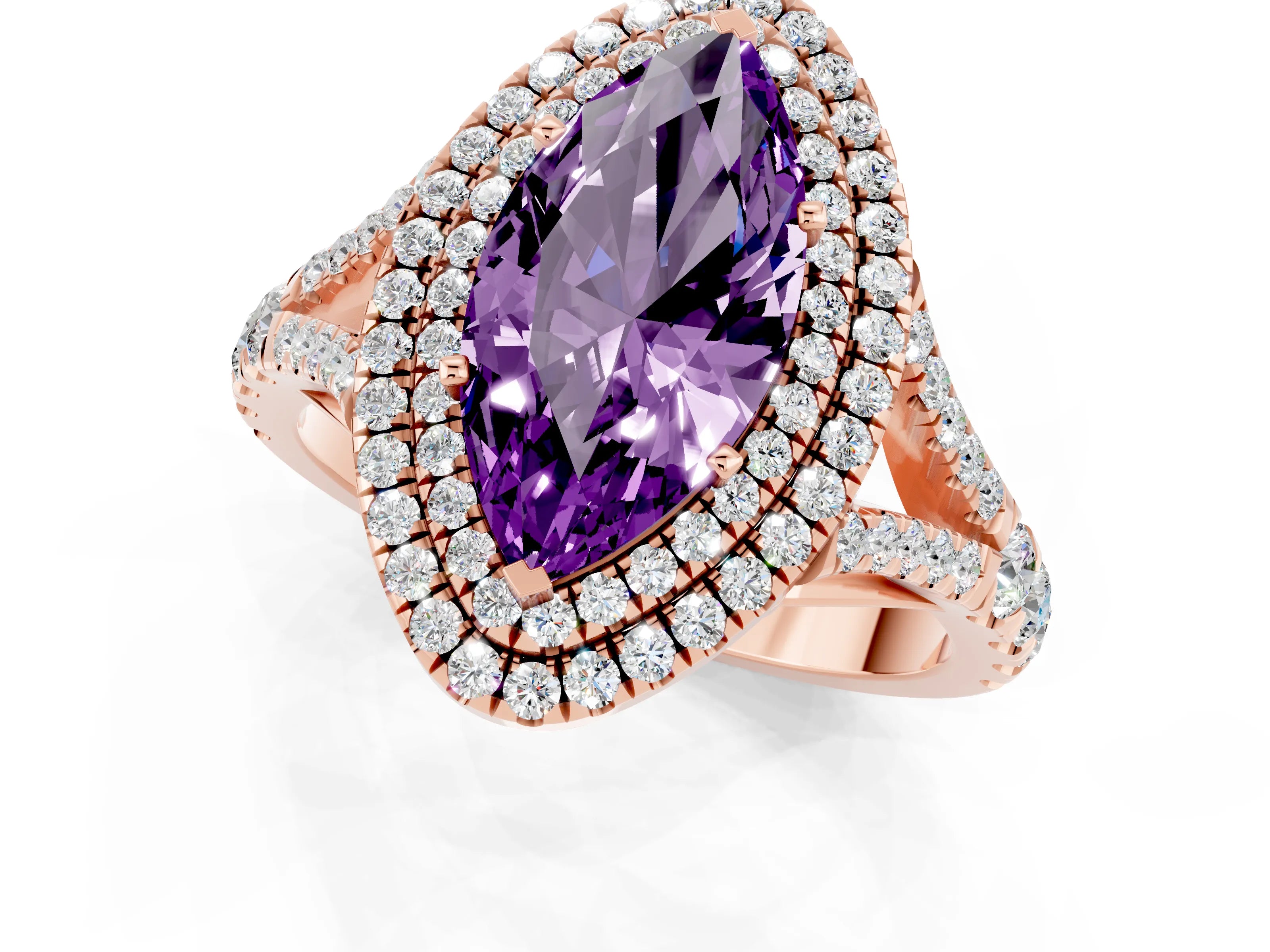 Rose gold Double Halo Marquise Cut Amethyst Split Shank Engagement Ring with Four-Prong Setting_1