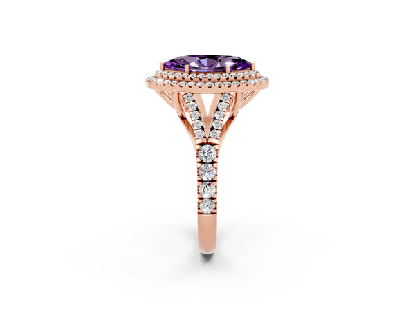 Rose gold Double Halo Marquise Cut Amethyst Split Shank Engagement Ring with Four-Prong Setting