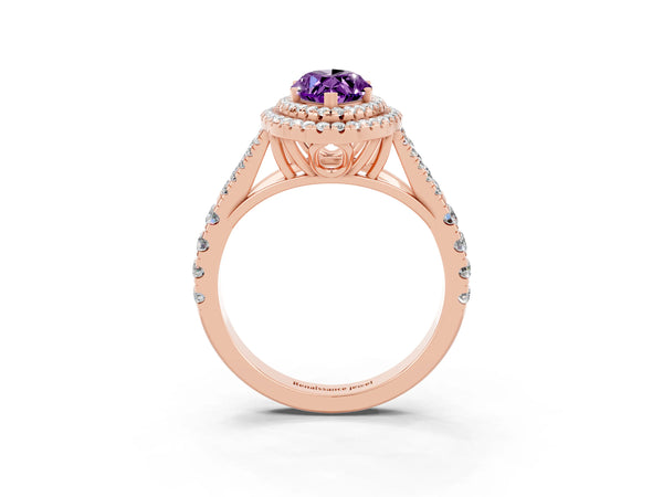 Rose gold Double Halo Marquise Cut Amethyst Split Shank Engagement Ring with Four-Prong Setting