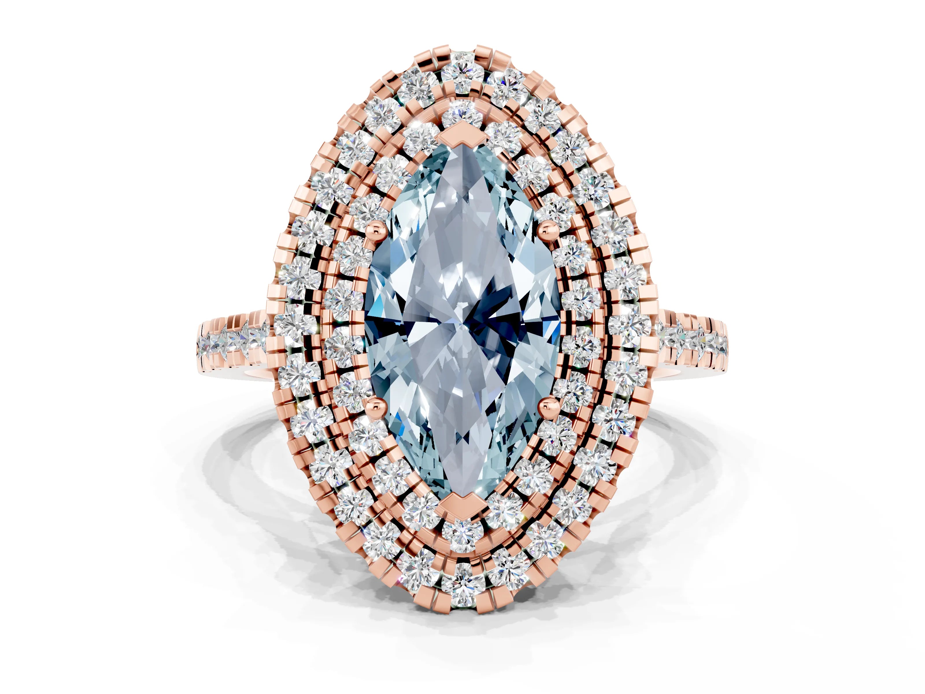 Rose gold Double Halo Marquise Cut Aquamarine Pavé Band with Four-Prong Setting