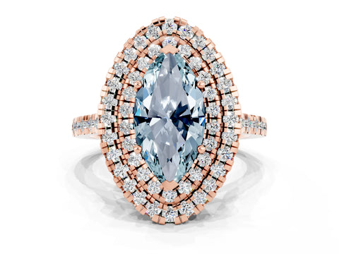 Rose gold Double Halo Marquise Cut Aquamarine Pavé Band with Four-Prong Setting