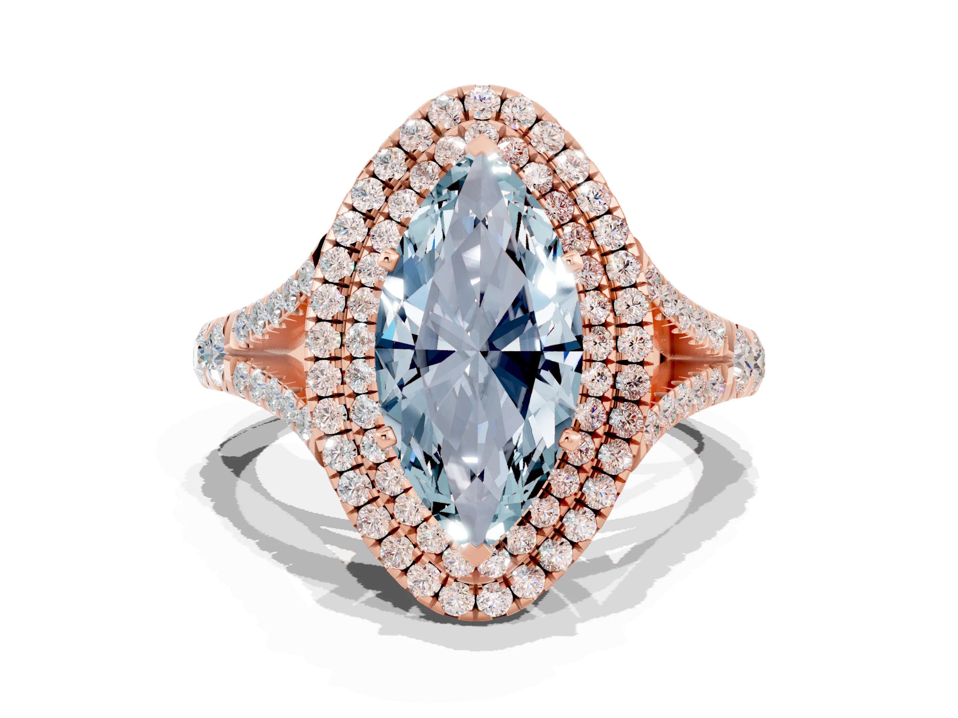 Rose gold Double Halo Marquise Cut Aquamarine Pavé Split Shank Ring with Prong Setting
