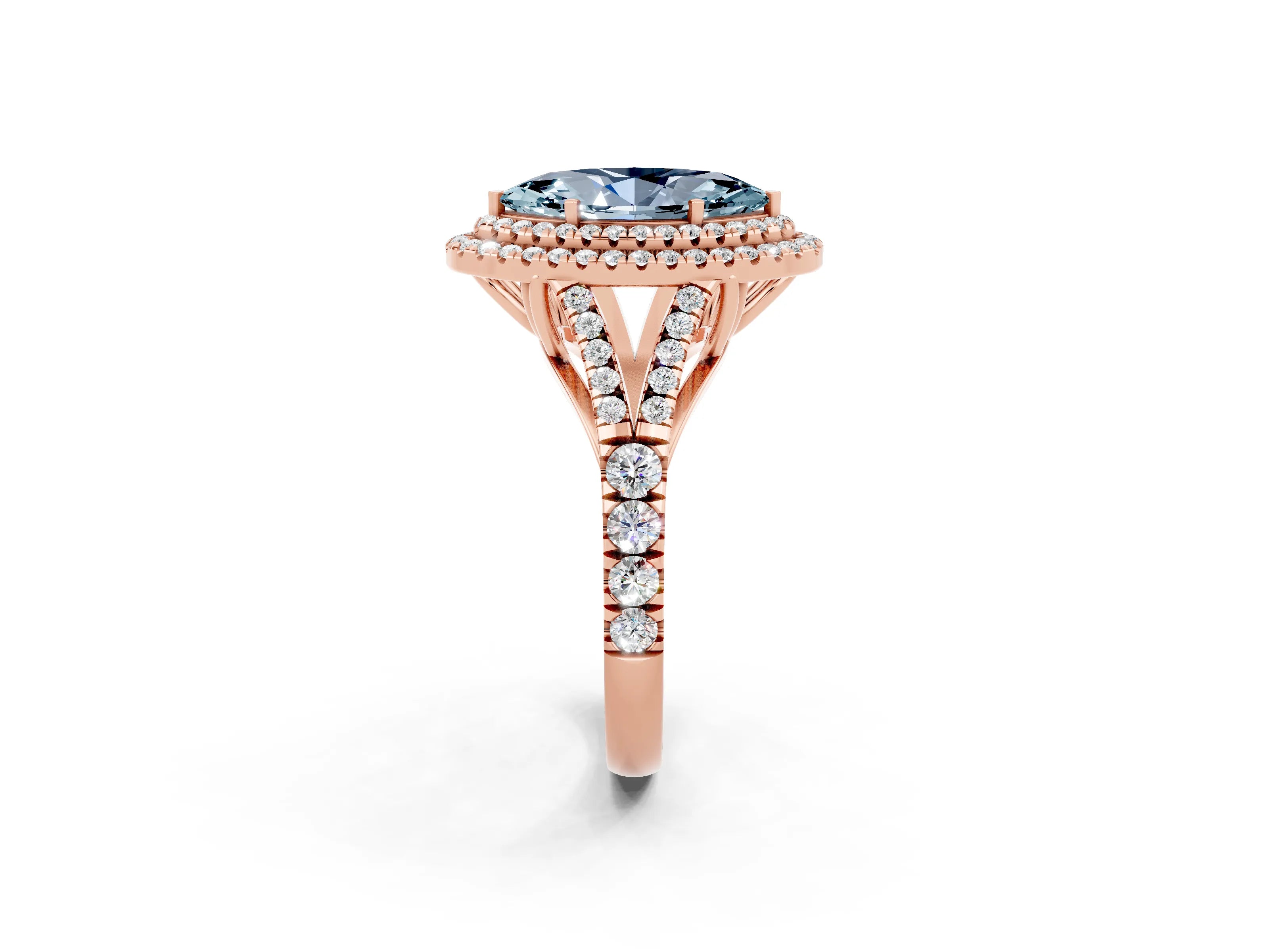 Rose gold Double Halo Marquise Cut Aquamarine Pavé Split Shank Ring with Prong Setting_2