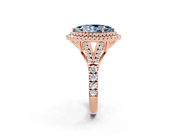 Rose gold Double Halo Marquise Cut Aquamarine Pavé Split Shank Ring with Prong Setting