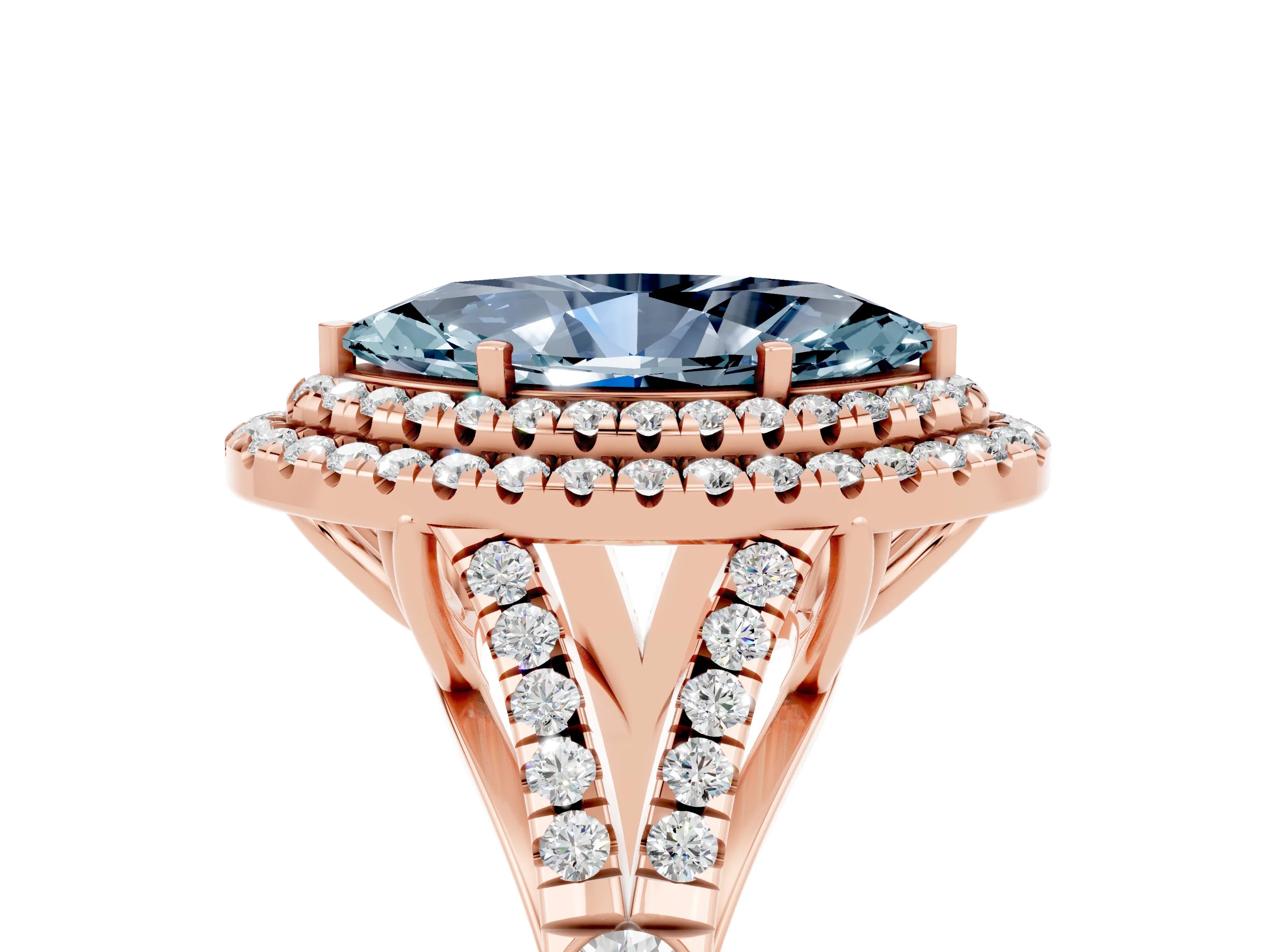 Rose gold Double Halo Marquise Cut Aquamarine Pavé Split Shank Ring with Prong Setting_5