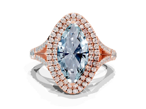 Rose gold Double Halo Marquise Cut Aquamarine Pavé Split Shank Ring with Prong Setting