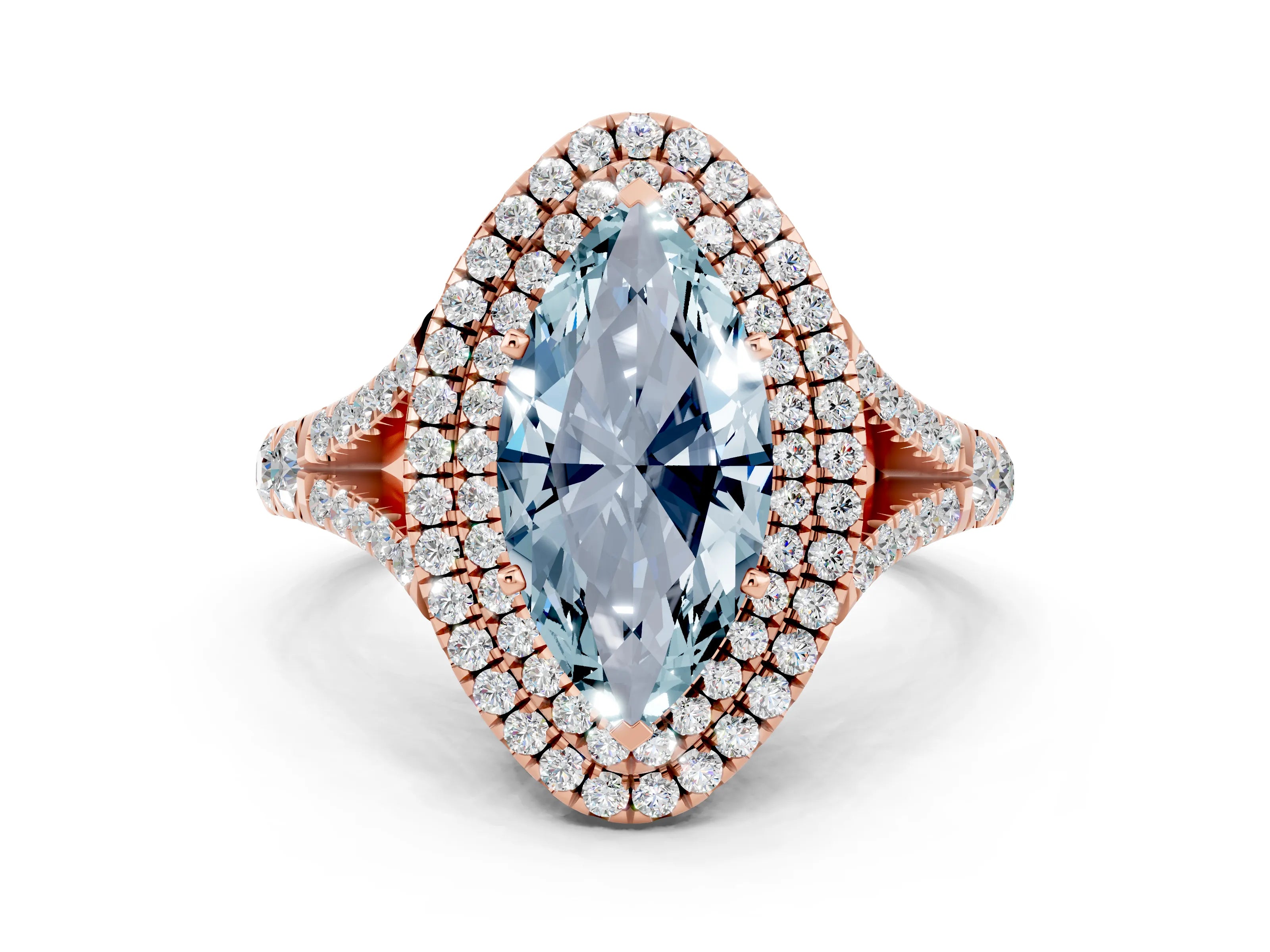Rose gold Double Halo Marquise Cut Aquamarine Split Shank Engagement Ring with Four-Prong Setting