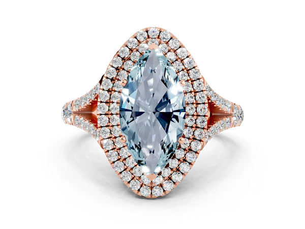Rose gold Double Halo Marquise Cut Aquamarine Split Shank Engagement Ring with Four-Prong Setting