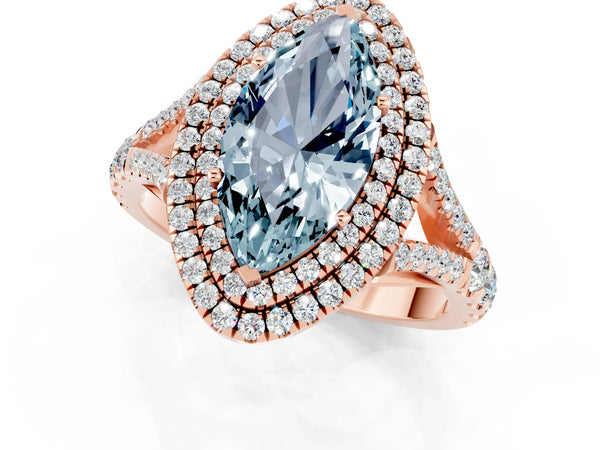 Rose gold Double Halo Marquise Cut Aquamarine Split Shank Engagement Ring with Four-Prong Setting