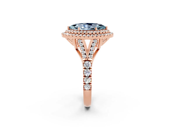 Rose gold Double Halo Marquise Cut Aquamarine Split Shank Engagement Ring with Four-Prong Setting