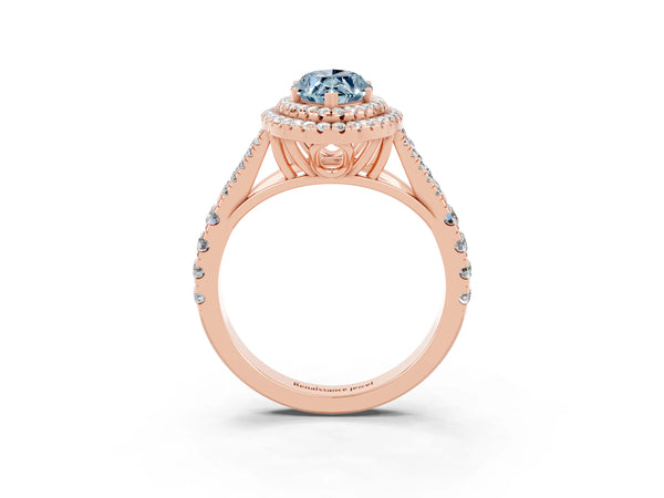 Rose gold Double Halo Marquise Cut Aquamarine Split Shank Engagement Ring with Four-Prong Setting