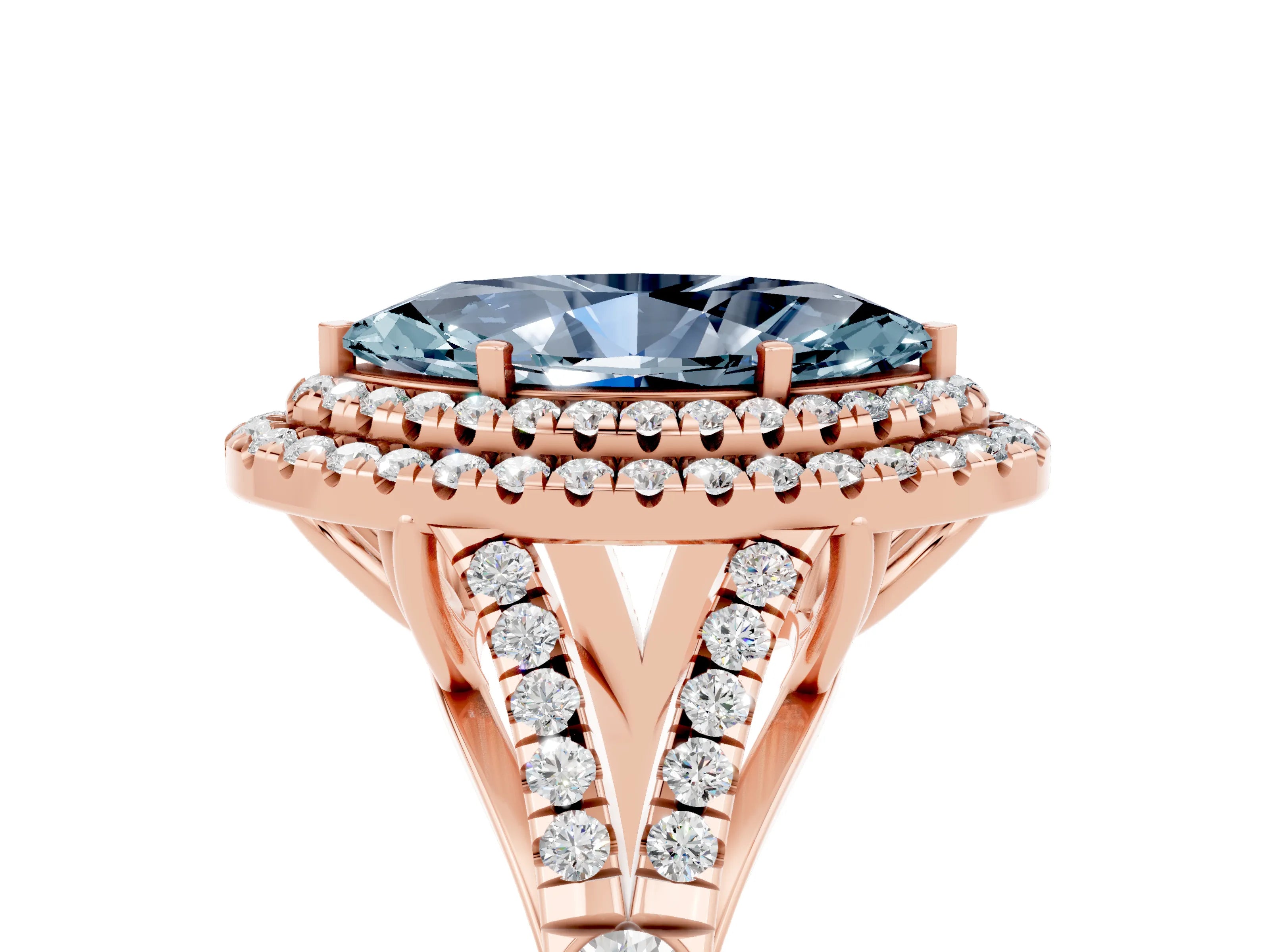 Rose gold Double Halo Marquise Cut Aquamarine Split Shank Engagement Ring with Four-Prong Setting_5