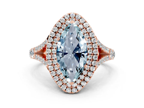 Rose gold Double Halo Marquise Cut Aquamarine Split Shank Engagement Ring with Four-Prong Setting