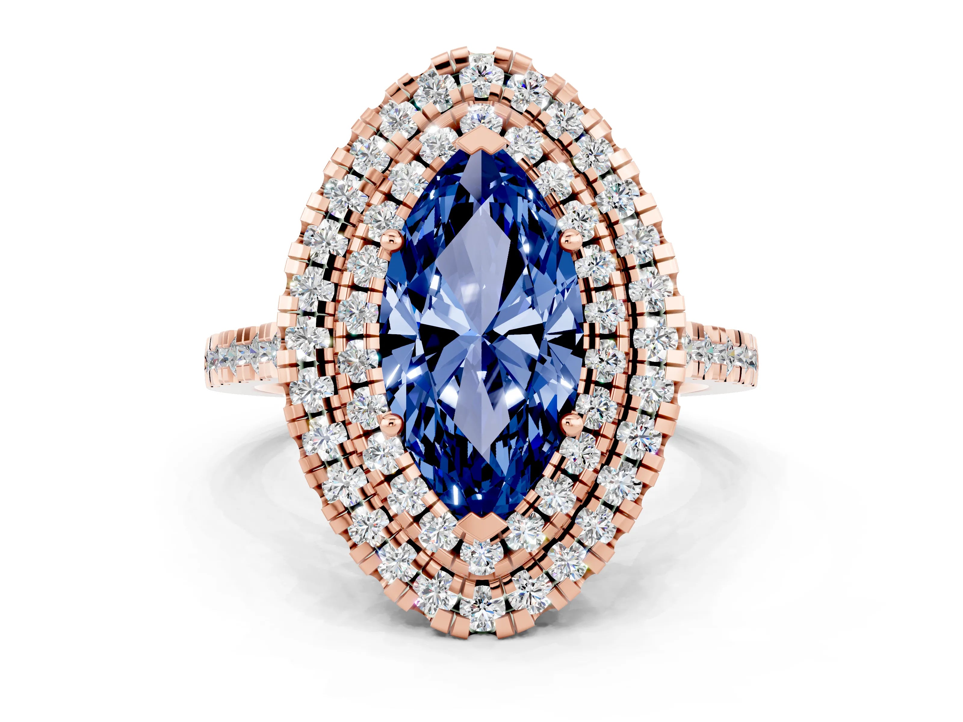 Rose gold Double Halo Marquise Cut Blue Sapphire Pavé Band with Four-Prong Setting