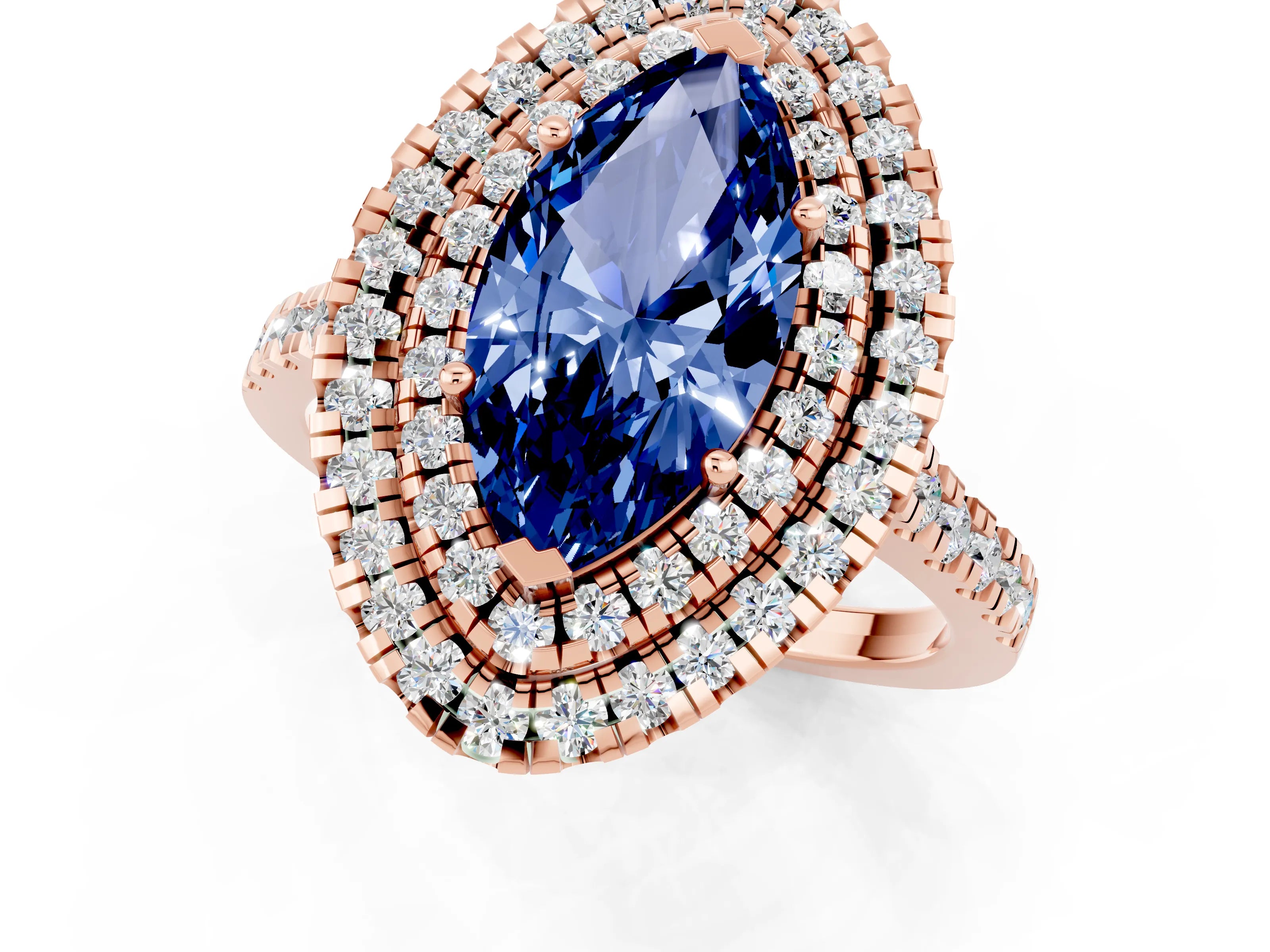 Rose gold Double Halo Marquise Cut Blue Sapphire Pavé Band with Four-Prong Setting_1