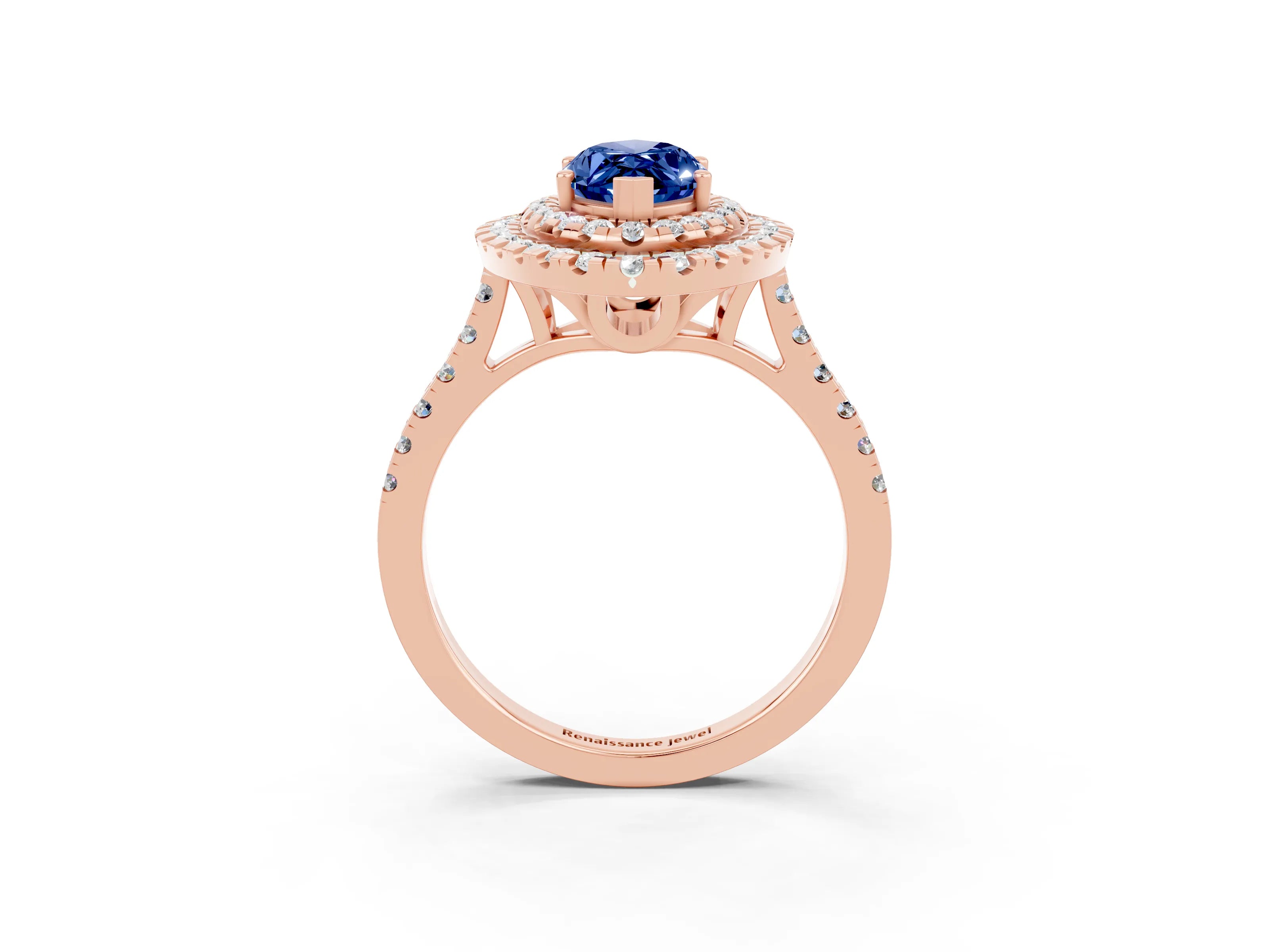 Rose gold Double Halo Marquise Cut Blue Sapphire Pavé Band with Four-Prong Setting_3