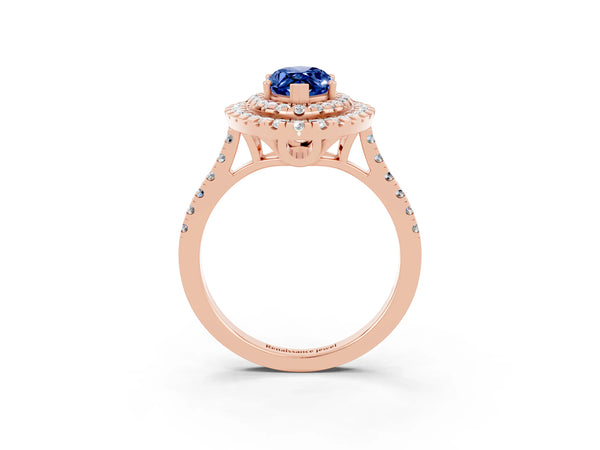 Rose gold Double Halo Marquise Cut Blue Sapphire Pavé Band with Four-Prong Setting