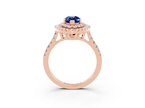Rose gold Double Halo Marquise Cut Blue Sapphire Pavé Band with Four-Prong Setting_3