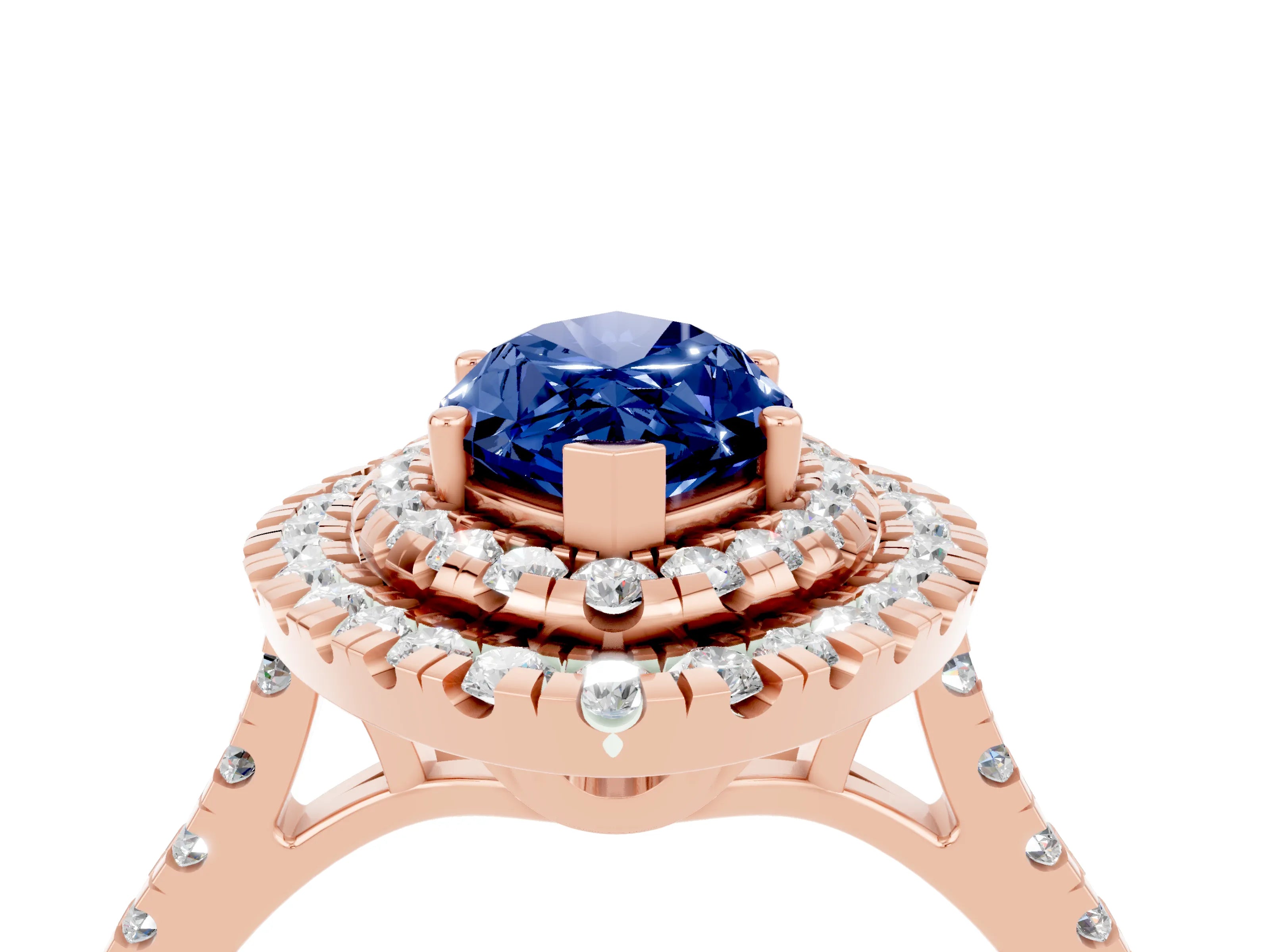 Rose gold Double Halo Marquise Cut Blue Sapphire Pavé Band with Four-Prong Setting_4