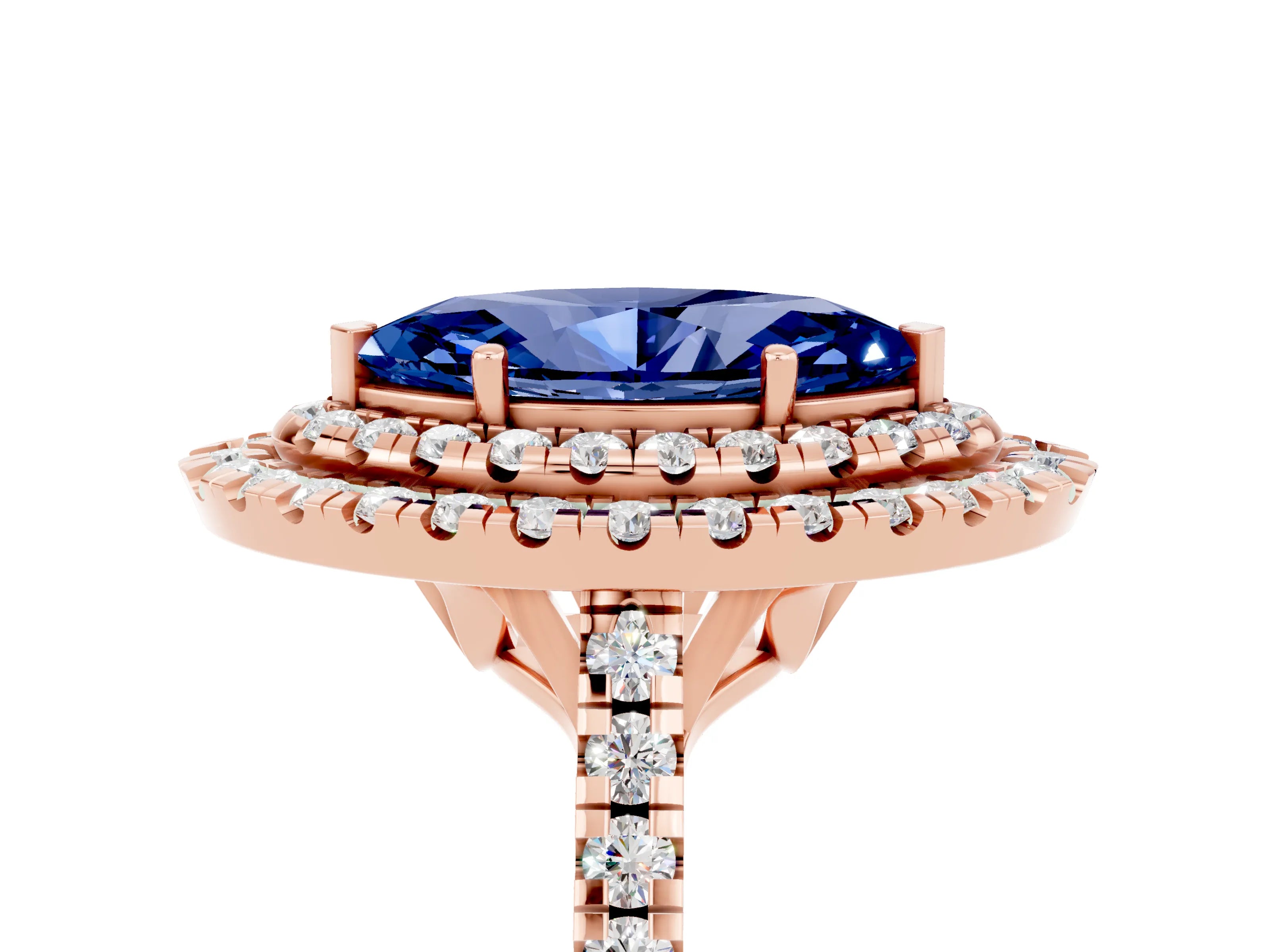 Rose gold Double Halo Marquise Cut Blue Sapphire Pavé Band with Four-Prong Setting_5
