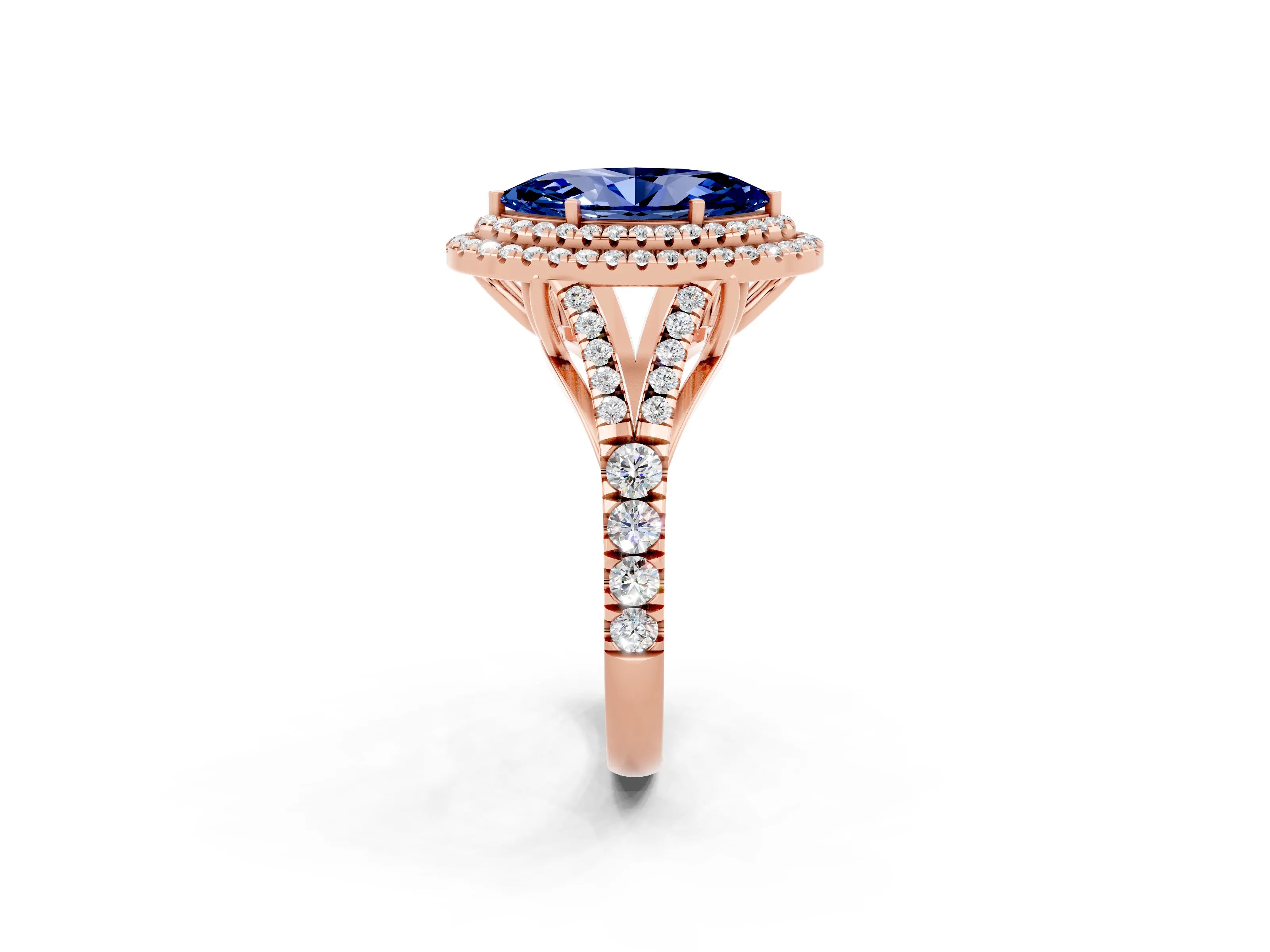 Rose gold Double Halo Marquise Cut Blue Sapphire Pavé Split Shank Ring with Prong Setting_2