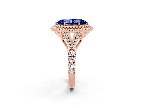 Rose gold Double Halo Marquise Cut Blue Sapphire Pavé Split Shank Ring with Prong Setting_2