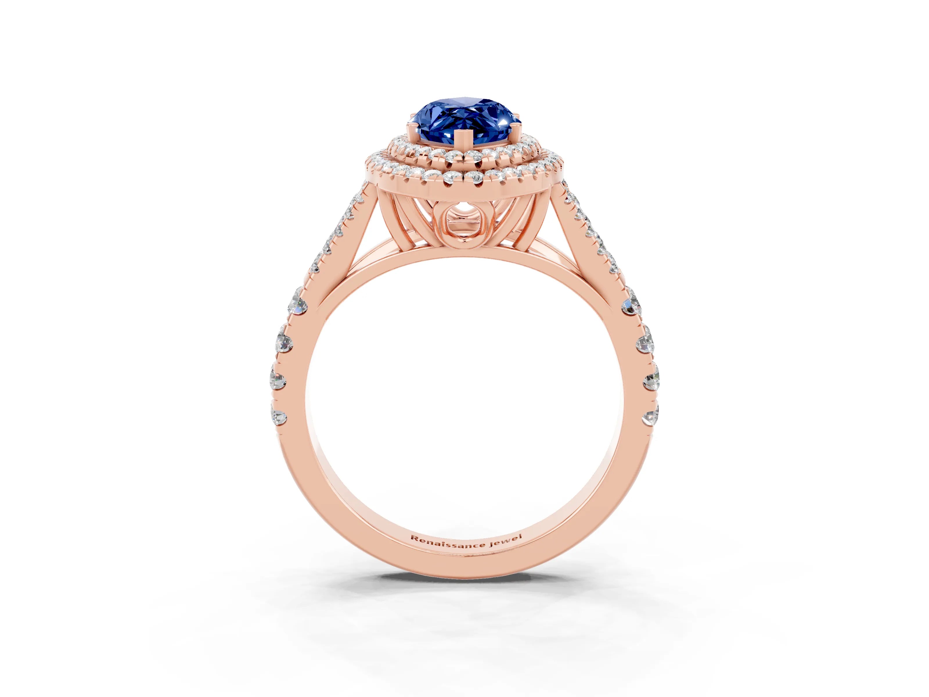 Rose gold Double Halo Marquise Cut Blue Sapphire Pavé Split Shank Ring with Prong Setting_3
