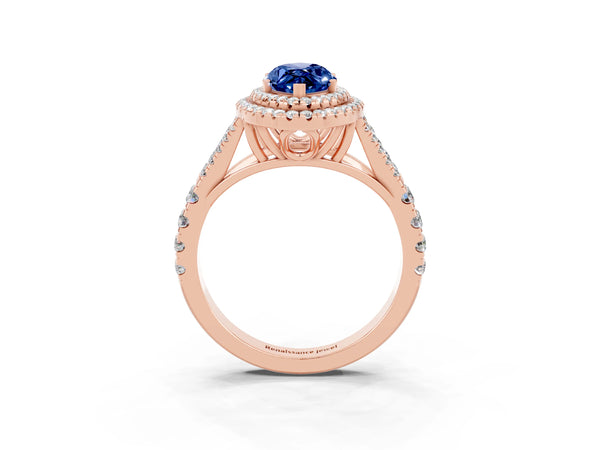 Rose gold Double Halo Marquise Cut Blue Sapphire Pavé Split Shank Ring with Prong Setting