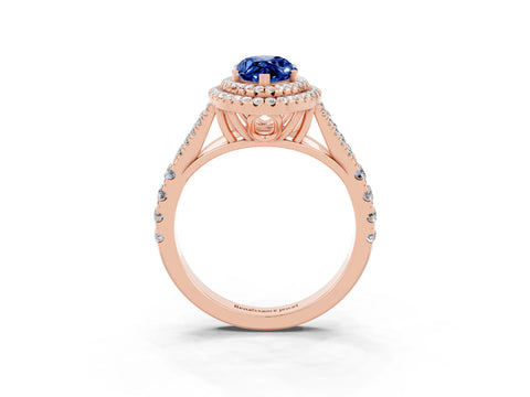 Rose gold Double Halo Marquise Cut Blue Sapphire Pavé Split Shank Ring with Prong Setting_3