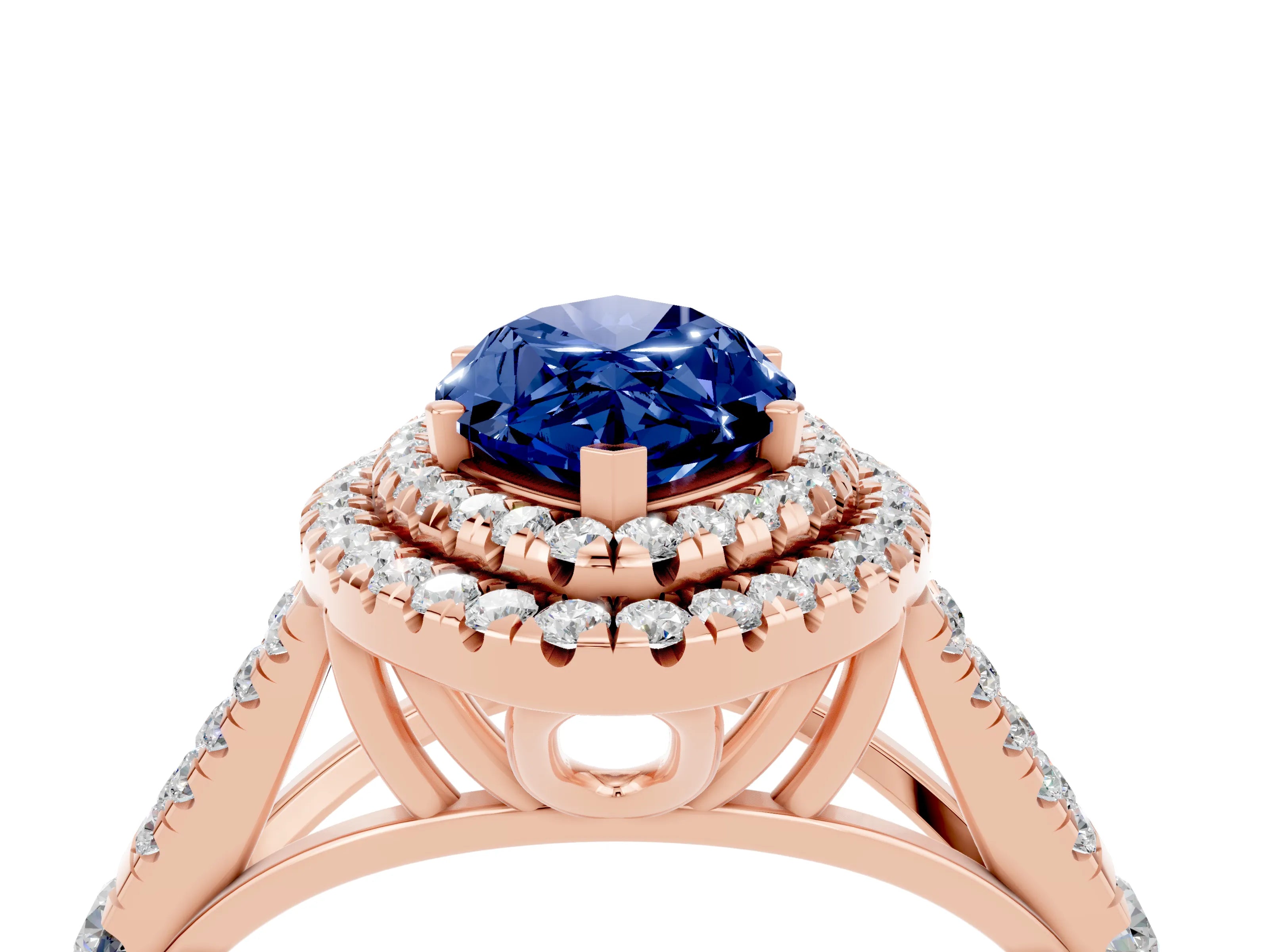 Rose gold Double Halo Marquise Cut Blue Sapphire Pavé Split Shank Ring with Prong Setting_4
