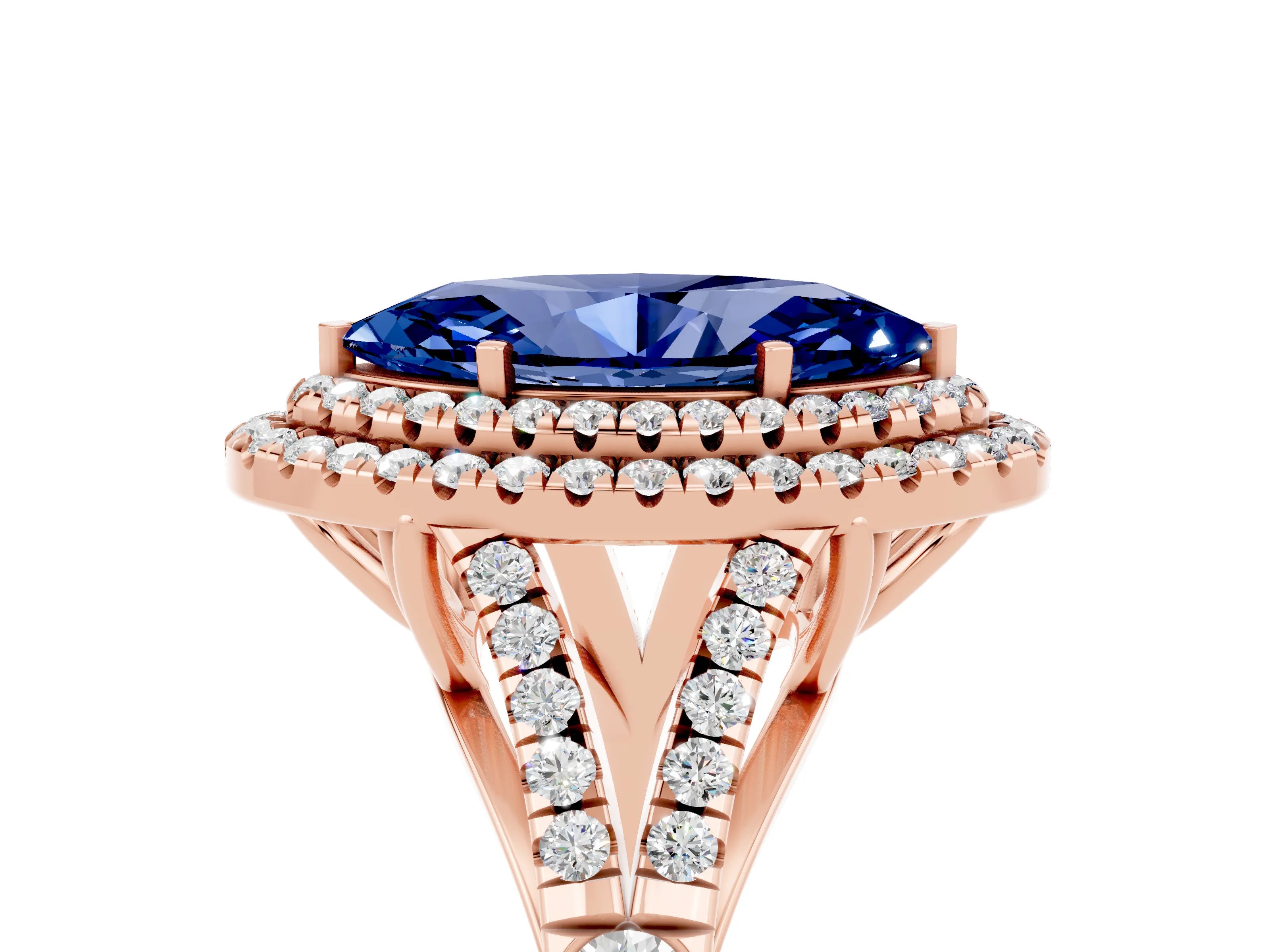 Rose gold Double Halo Marquise Cut Blue Sapphire Pavé Split Shank Ring with Prong Setting_5