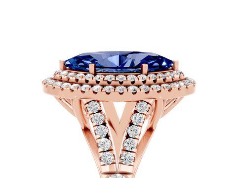 Rose gold Double Halo Marquise Cut Blue Sapphire Pavé Split Shank Ring with Prong Setting_5