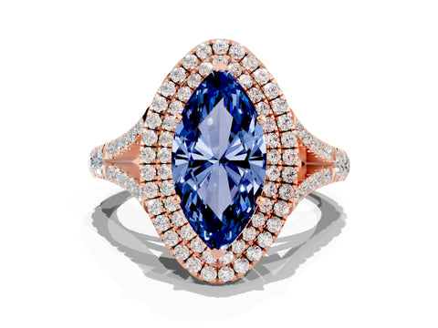 Rose gold Double Halo Marquise Cut Blue Sapphire Pavé Split Shank Ring with Prong Setting