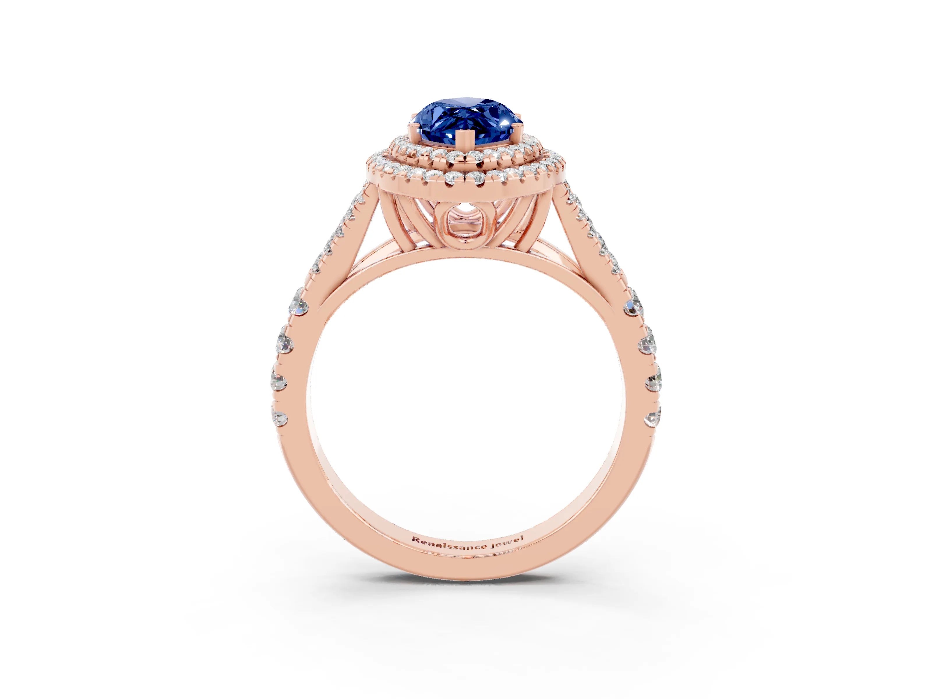 Rose gold Double Halo Marquise Cut Blue Sapphire Split Shank Engagement Ring with Four-Prong Setting_3