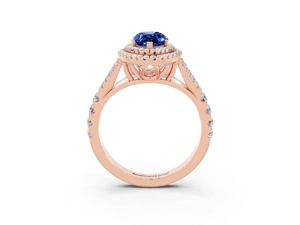 Rose gold Double Halo Marquise Cut Blue Sapphire Split Shank Engagement Ring with Four-Prong Setting