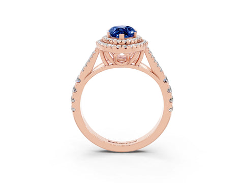 Rose gold Double Halo Marquise Cut Blue Sapphire Split Shank Engagement Ring with Four-Prong Setting_3